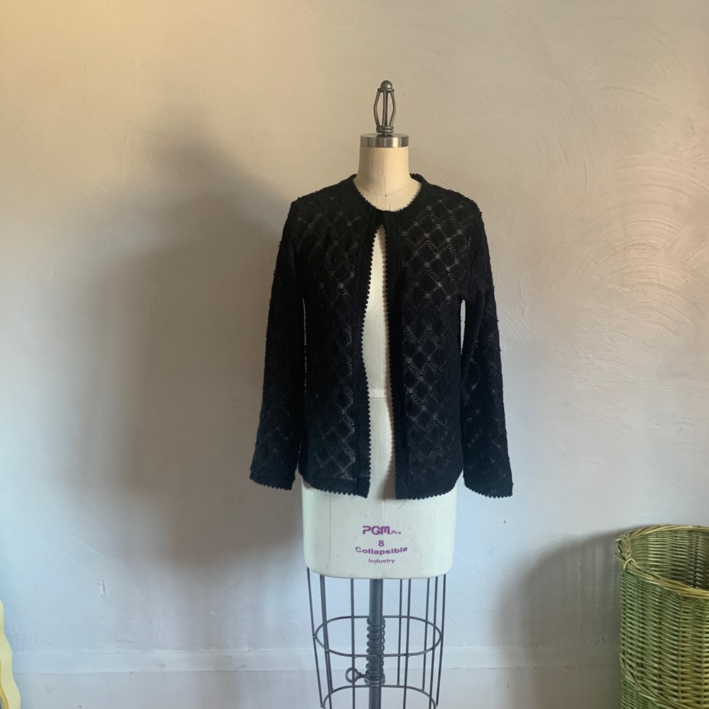 VTG crochet cardigan sheer black web 3/4 sleeve vintage made in Japan